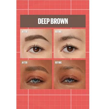 “Maybelline Build-A-Brow 2-in-1 pen and gel in Deep Brown shown with open tip and sleek packaging”

