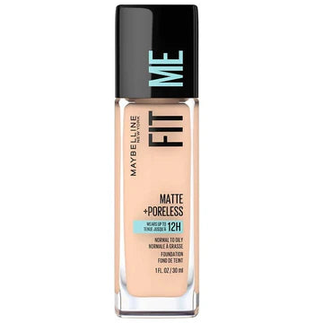Bottle of Fit Me Matte + Poreless Foundation with product swatch beside it on neutral background

