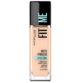 Bottle of Fit Me Matte + Poreless Foundation with product swatch beside it on neutral background

