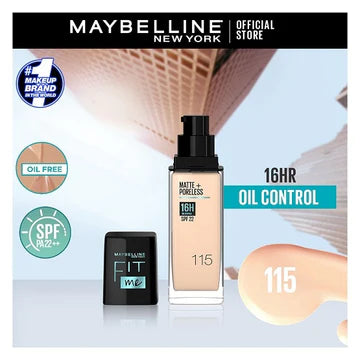 Bottle of Fit Me Matte + Poreless Foundation with product swatch beside it on neutral background

