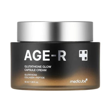 AGE-R Glutathione Glow Capsule Cream jar with silver lid on a white background