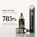 Cosmetic products including a dropper bottle, ampoule, and device with text on a white background