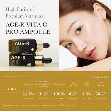 AGE-R VITA C PRO AMPOULE with a woman's face on a beige background