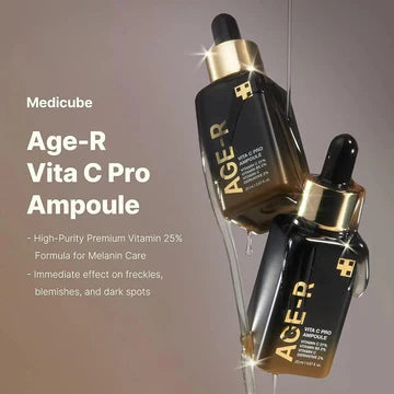 Two bottles of Medicube Age-R Vita C Pro Ampoule on a gradient background