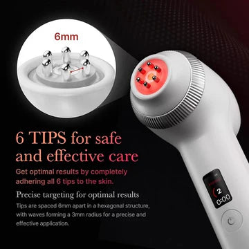 White electronic device with red lights and text on a black background