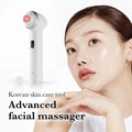Korean skin care tool Advanced facial massager with a model using it on a white background