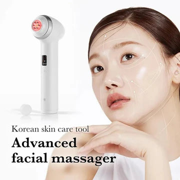 Korean skin care tool Advanced facial massager with a model using it on a white background