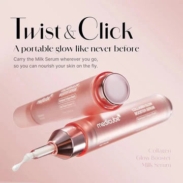 Two bottles of medicube Collagen Glow Booster Milk Serum on a pink background with text 'Twist & Click'.