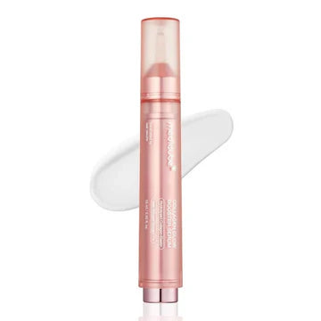 Pink cosmetic bottle with applicator on a white background