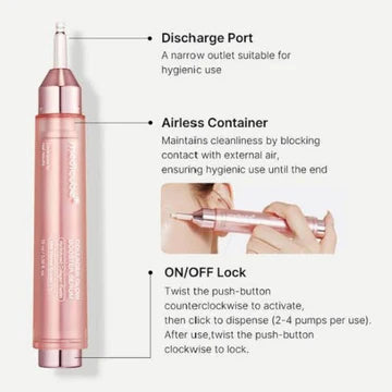 Rose gold airless container with labeled features on a white background