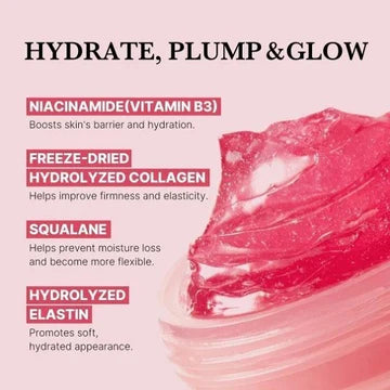 Product packaging with text on hydrating, plumping, and glowing skin, featuring freeze-dried hydrolyzed collagen.