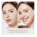 Before and after comparison of a woman's face with text indicating product effects.