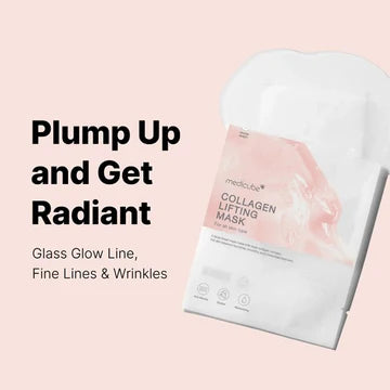 Collagen lifting mask packaging with text on a pink background
