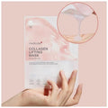 Collagen lifting mask packaging with a hand holding it against a pink background