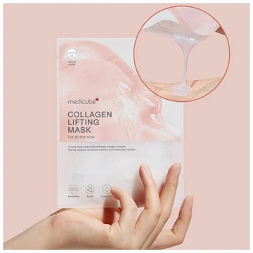 Collagen lifting mask packaging with a hand holding it against a pink background