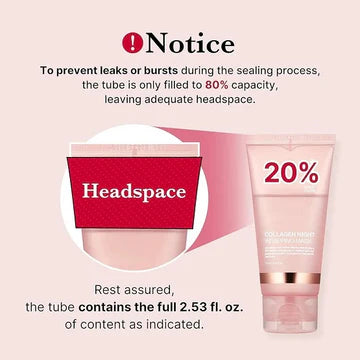 Product packaging with a notice about filling capacity and headspace.