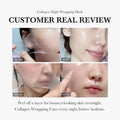 Collagen night wrapping mask review with 'before' and 'after' images on a white background.