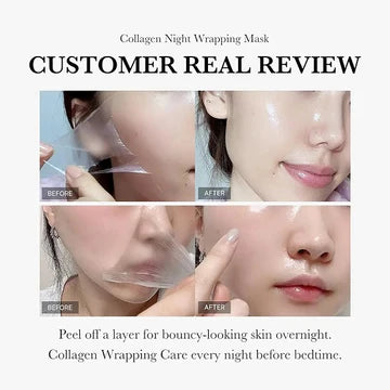 Collagen night wrapping mask review with 'before' and 'after' images on a white background.