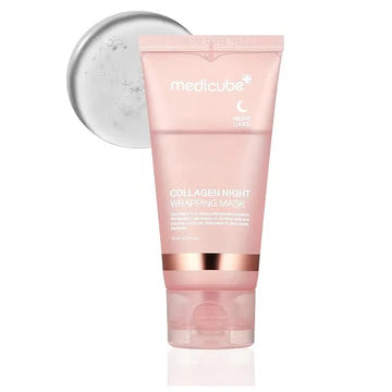 Pink tube of Medicube Collagen Night Whitening Mask on a white background