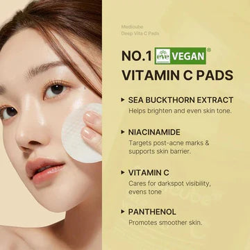 Vegan vitamin C pads advertisement with a woman applying them to her face.