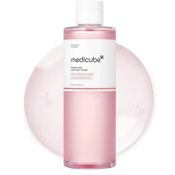 Pink bottle with white label on a white background