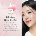 Skincare product with text about Rose PDRN and its effects on skin, alongside a woman's face.