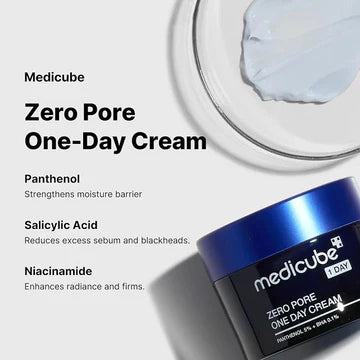 Medicube Zero Pore One Day Cream jar with a swatch of cream on a white background