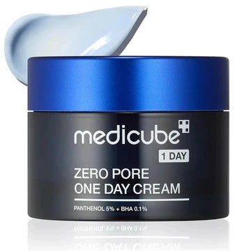 Medicube Zero Pore One Day Cream jar with a swatch of cream on a white background
