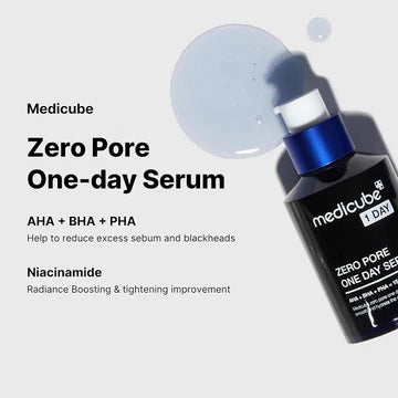 Medicube Zero Pore One-day Serum bottle with product details on a light gray background