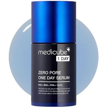 Medicube Zero Pore One Day Serum bottle with blue cap on a white background