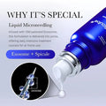 Blue microneedling device with text explaining its special features on a light gray background