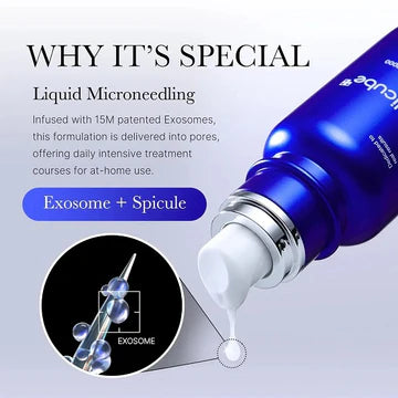 Blue microneedling device with text explaining its special features on a light gray background