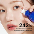 Woman applying a blue skincare serum to her face with text highlighting active ingredient absorption.