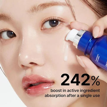 Woman applying a blue skincare serum to her face with text highlighting active ingredient absorption.