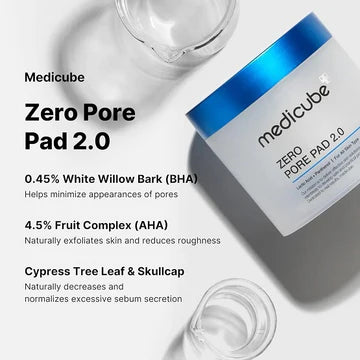 Medicube Zero Pore Pad 2.0 packaging with product details on a white background