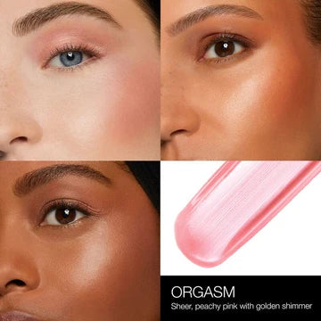 Comparison showing face before and after applying NARS Liquid Blush in Orgasm shade
