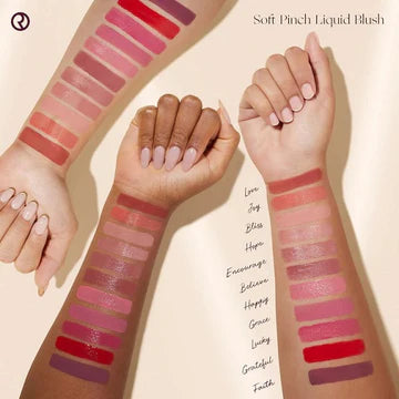 Model applying liquid blush on cheeks with a soft, dewy finish.

