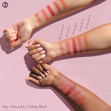 Blush swatches on three different skin tones showing satin finish.

