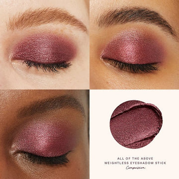 Model applying eyeshadow stick for soft smoky eye makeup look

