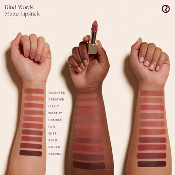 Close-up of soft matte lipstick swatched on different skin tones to show shade variety.

