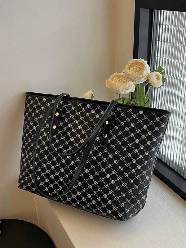 SHEIN Large Shoulder Tote Bag Geometric Pattern Studded Décor