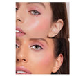 Before-and-after comparison showing SHEGLAM 'Love Cake' liquid blush application. Left: bare cheek with natural skin tone. Right: blended blush creating a soft, warm pink flush with matte finish—enhancing cheekbones for a healthy, natural glow