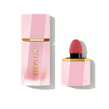 Swatch demonstration of SHEGLAM Color Bloom Liquid Blush in Hot Topic shade showing its matte finish and warm neutral-toned pink color, with comparison to cool-toned pink and purple shades