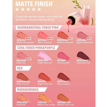 Swatch demonstration of SHEGLAM Color Bloom Liquid Blush in Hot Topic shade showing its matte finish and warm neutral-toned pink color, with comparison to cool-toned pink and purple shades
