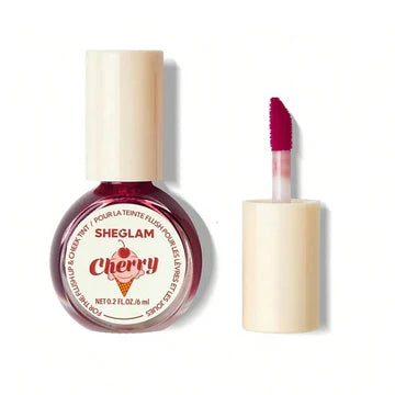 SHEGLAM For the Flush Lip & Cheek Tint packaging in 'Cherry Picked' shade, featuring a sleek tube design with bold red color and clear product labeling. The minimalist beauty product packaging shows the brand logo and shade name prominently