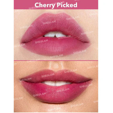 SHEGLAM For the Flush Lip & Cheek Tint packaging in 'Cherry Picked' shade, featuring a sleek tube design with bold red color and clear product labeling. The minimalist beauty product packaging shows the brand logo and shade name prominently