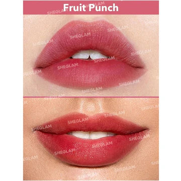 Close-up of SHEGLAM For the Flush Lip & Cheek Tint in Fruit Punch shade, featuring a liquid tube packaging with red gradient color and visible brand logo, showcasing the vibrant pink-red tint