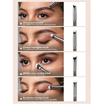 Eyeshadow Brush
Woman using a fluffy eyeshadow brush on her eyelid to apply or blend eyeshadow. The brush has a rounded tip.

Highlighter or Concealer Brush
Woman applying highlighter or concealer near the nose using a small, flat-tipped brush.

Blending Eyeliner Brush
Woman using a curved eyeliner brush to smudge or blend eyeliner along the lash line.

Eyebrow Brush
Woman grooming her eyebrows using a spoolie brush designed for refining brow shape.

