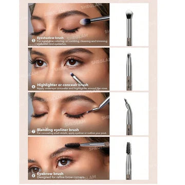 Oblique Eyebrow Brush
Woman using a slanted eyebrow brush to fill in and outline eyebrows.

Contour Highlighter Brush
Woman applying a small amount of eyeshadow or highlighter with a narrow, rounded brush.

Oblique Nose Shadow Brush
Woman contouring her nose using a slanted shadow brush for blending.

Eyeshadow Smudge Brush
Woman blending eyeshadow with a short, dense smudge brush for a soft, smoky look.

