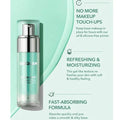 Close-up of SHEGLAM Good Grip Hydrating Primer bottle with text highlighting its oil-free, silicone-free formula that keeps makeup in place for hours while refreshing skin with a gel texture